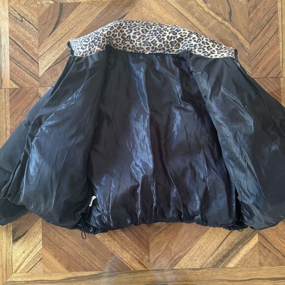 Cropped Black Puffer Jacket Soft Suede Leopard Print Collar Ribbed Cuffs Urban - Picture 10 of 12